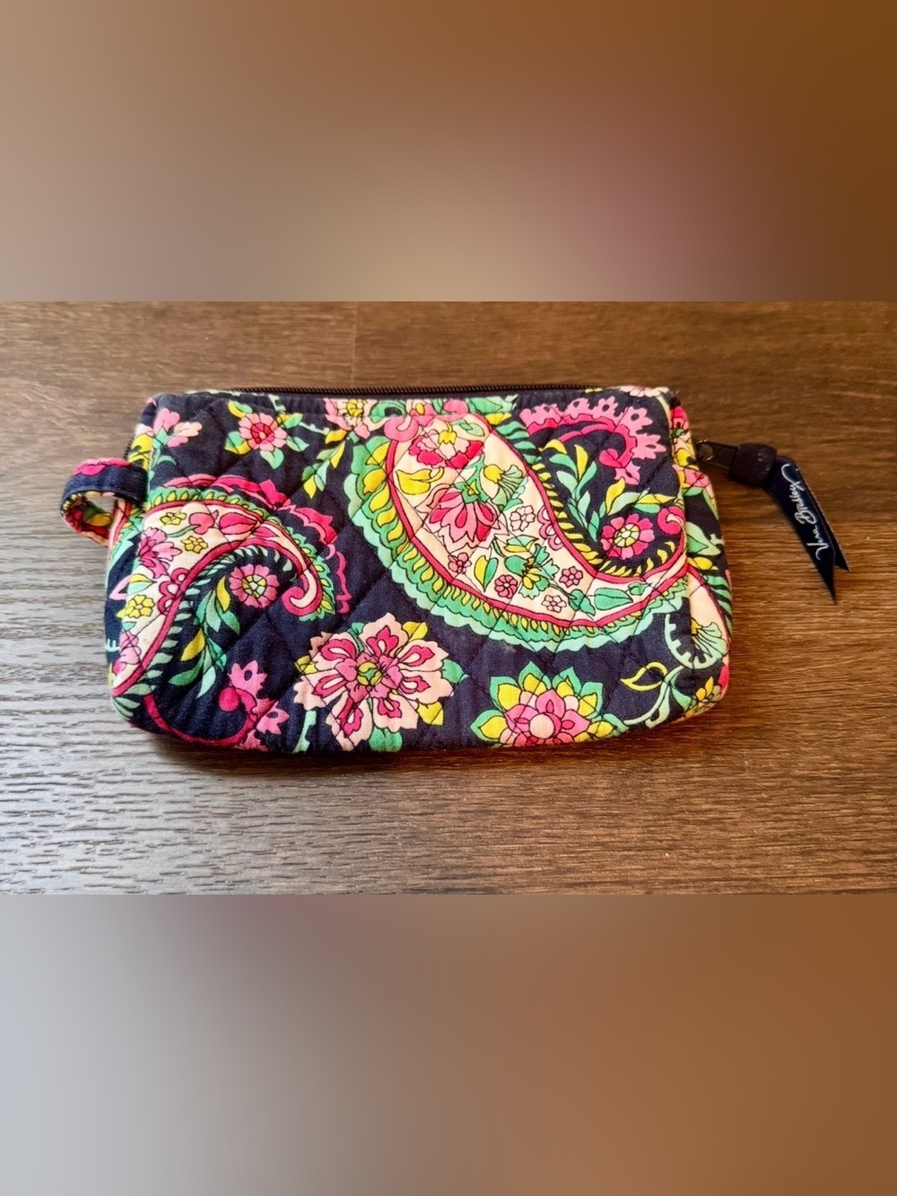 Vera Bradley Black Neon Paisley Quilted Wristlet Cosmetic Bag